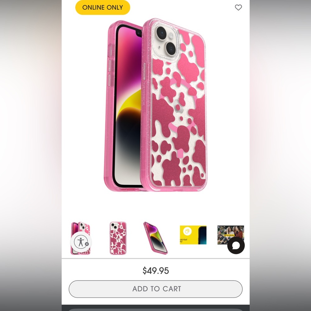 OtterBox clear with pink cow print for iPhone 14 Plus with MagSafe & pink cable